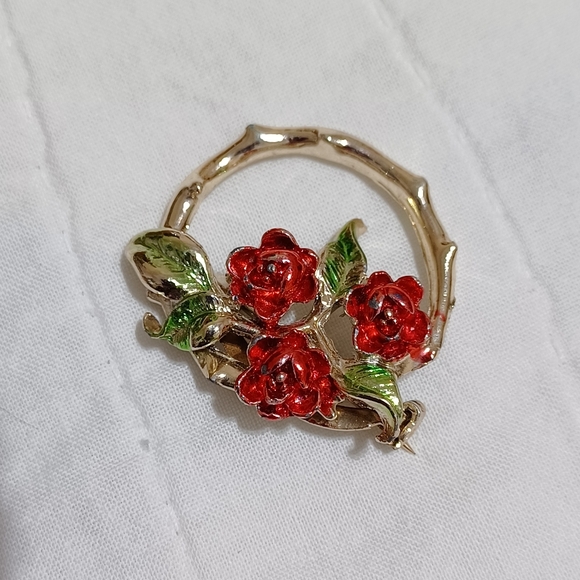 Vintage Silver-tone Enamel Red Roses Pin Brooch Signed ME - Picture 2 of 7